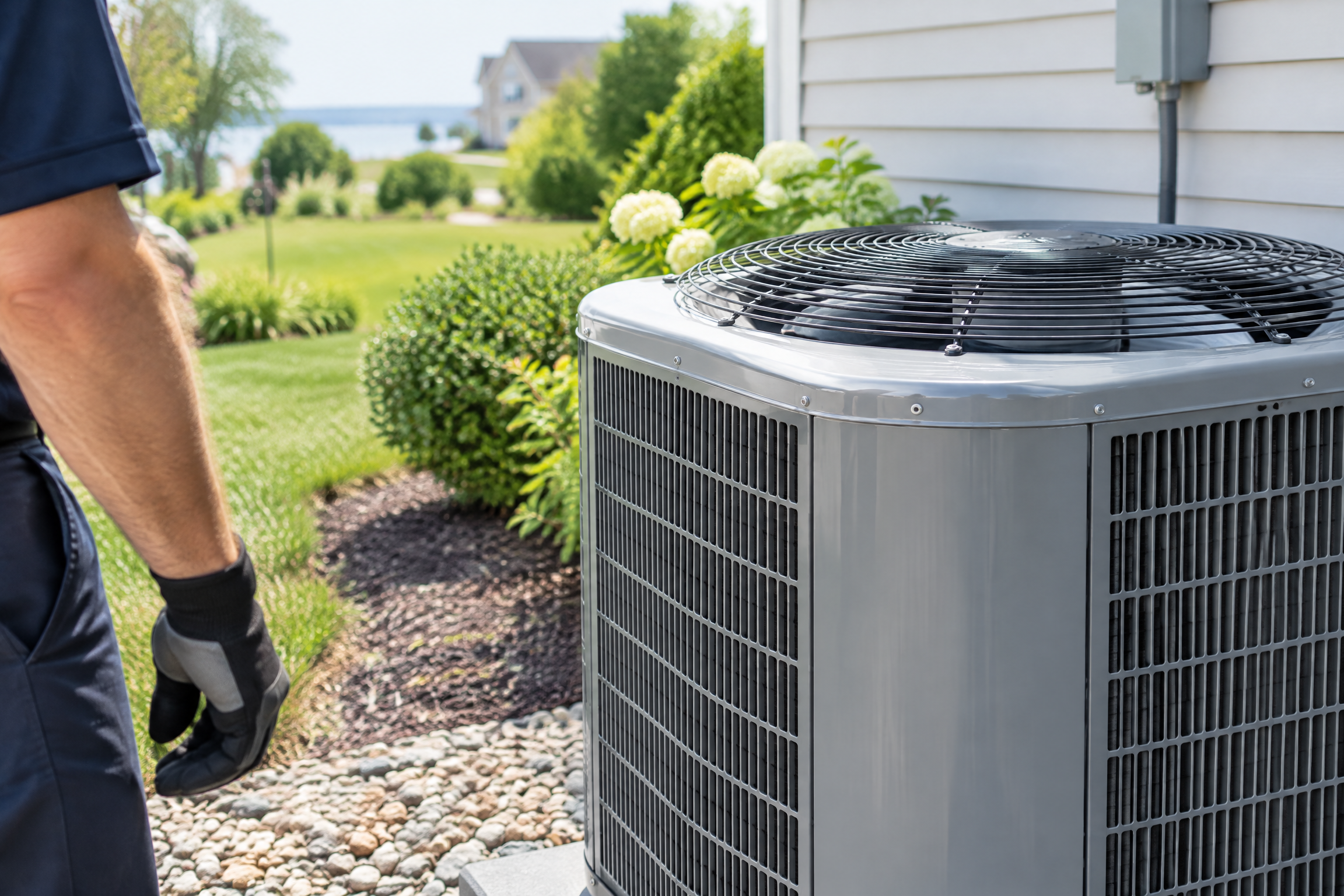 Residential central air conditioning condenser beside a Long Island home