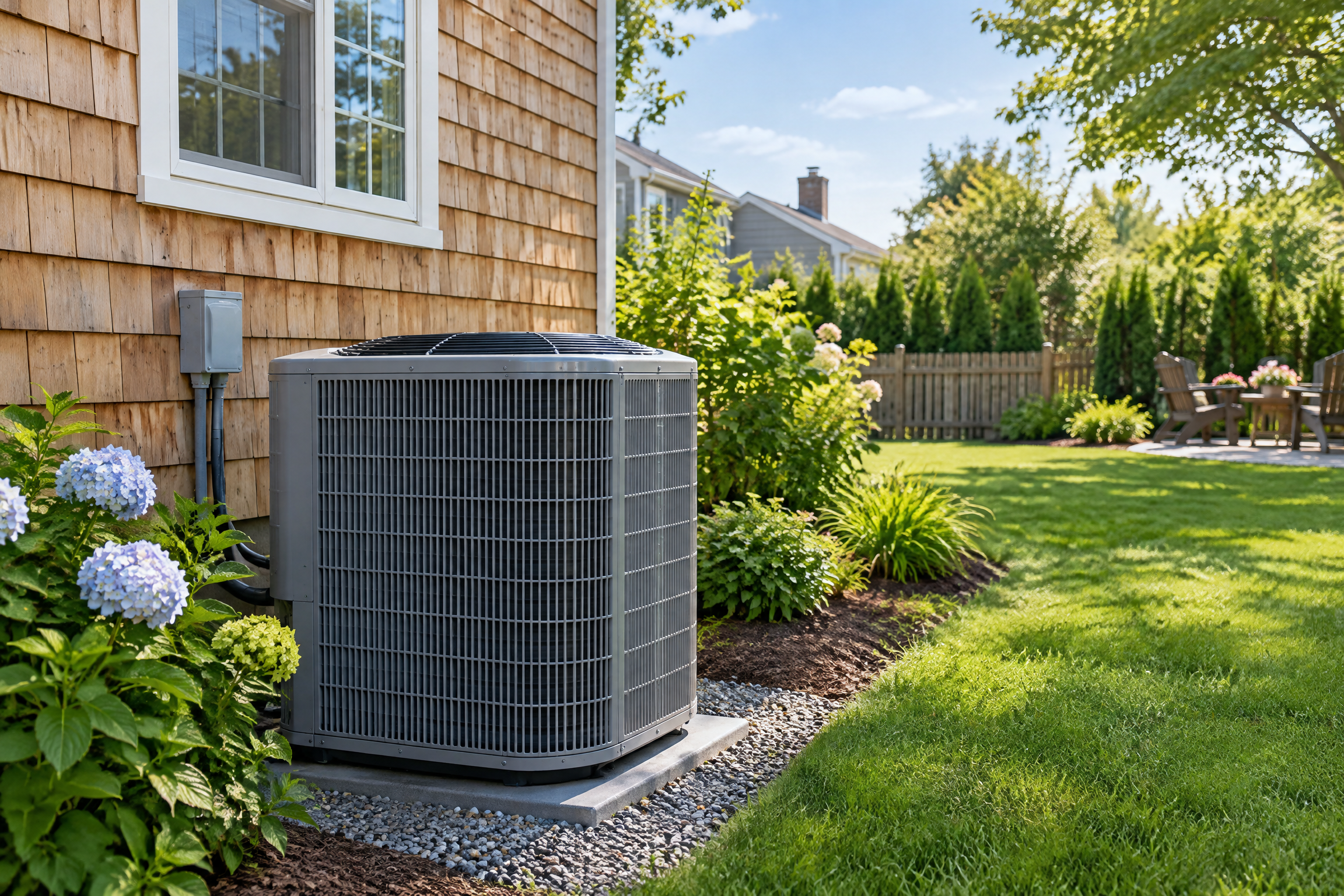 Illustrative residential air-conditioning system beside a Long Island home