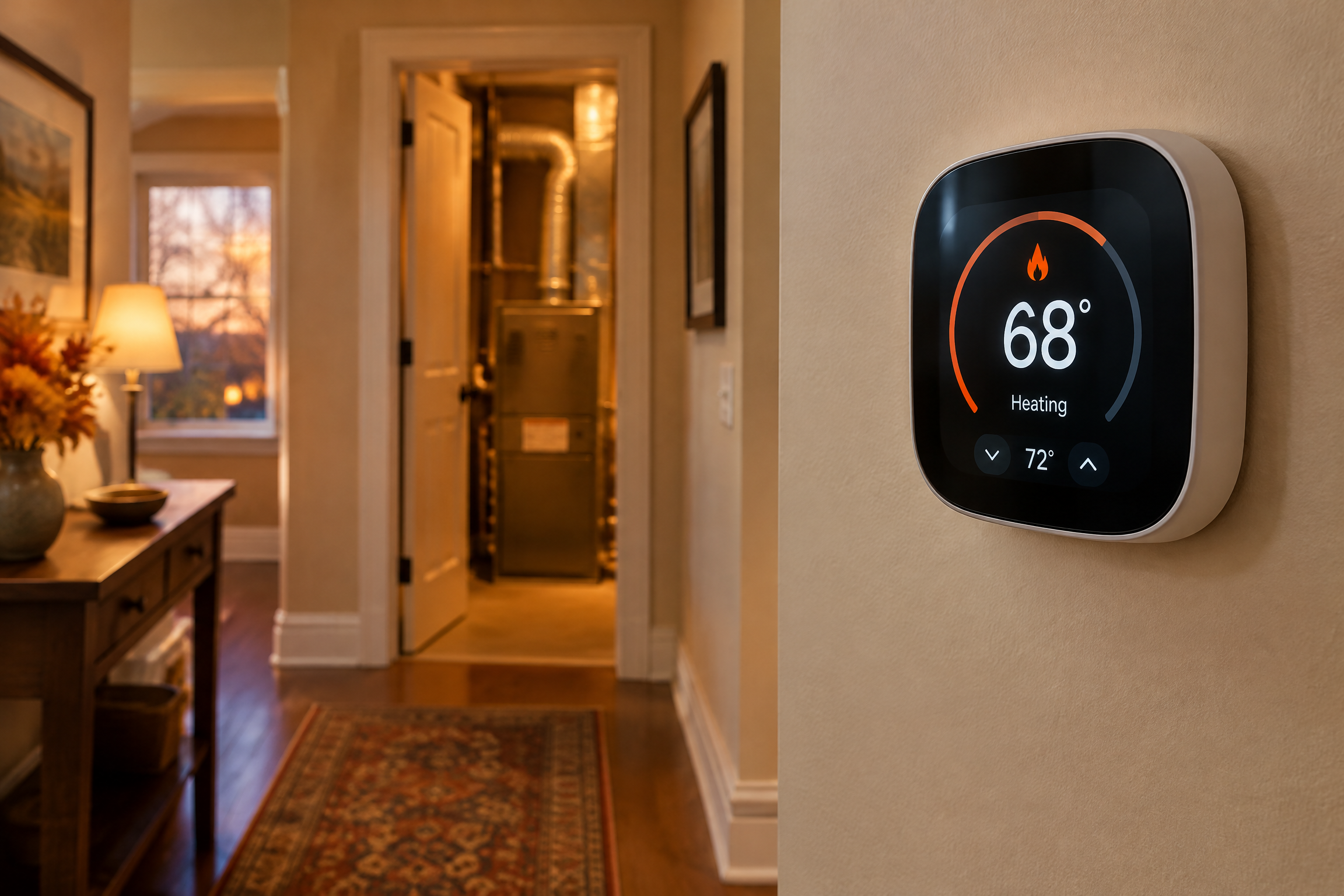 Digital home thermostat calling for heat in a Long Island home